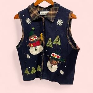 Vintage 80s-90s Belle Pointe navy plaid sweater vest ugly holiday pom pom snow